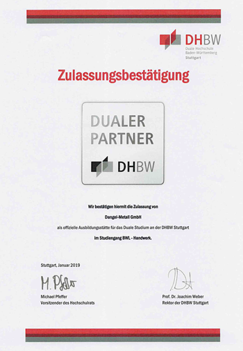 Zulassungsbestätigung als Ausbildungsstätte für das Duale Studium an der DHBW Stuttgart