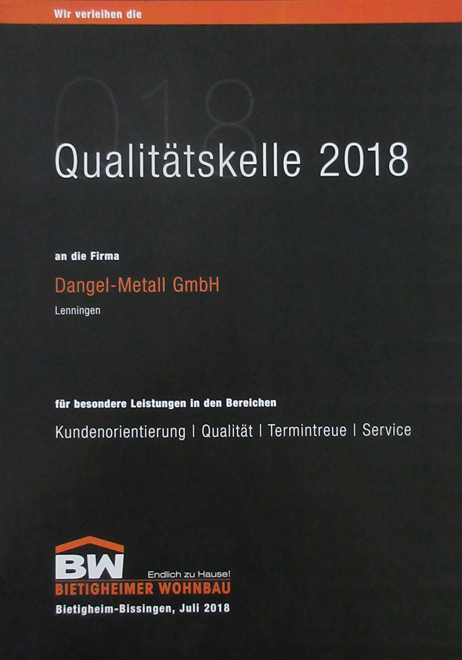 Urkunde die „Qualitätskelle 2018“